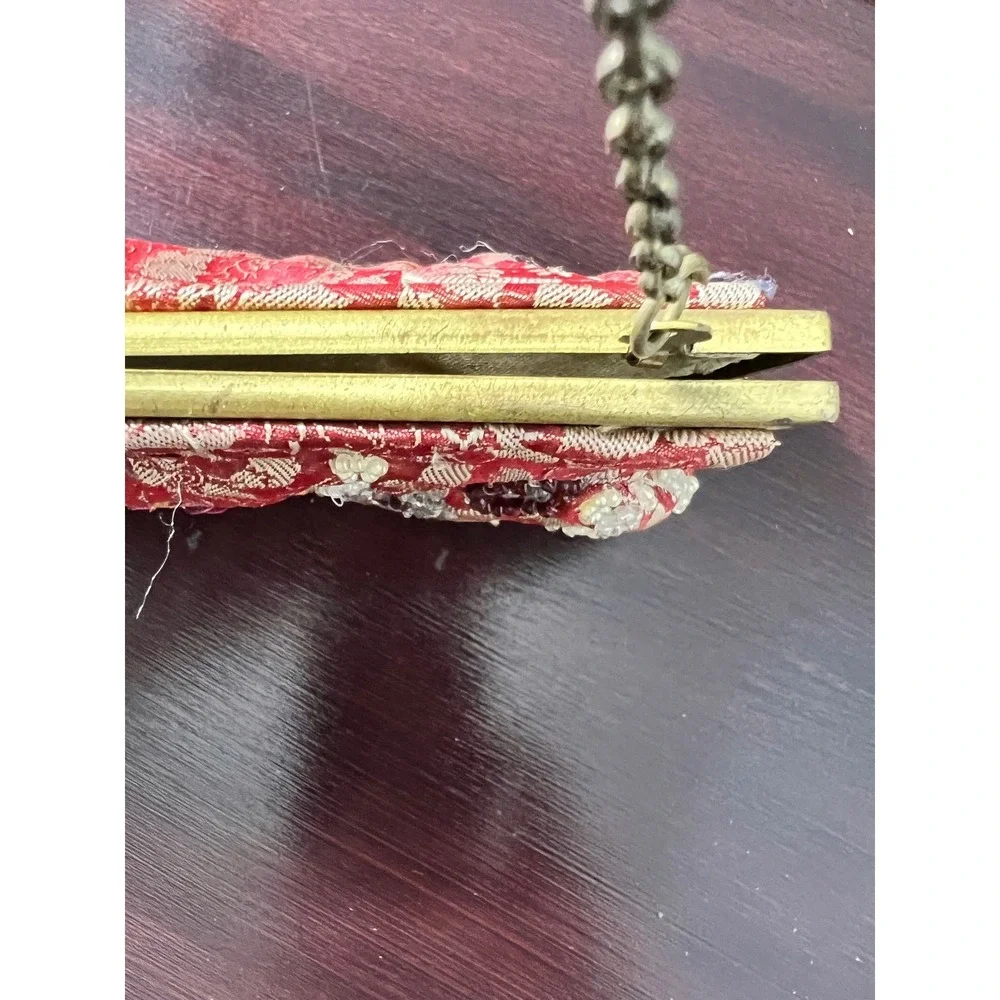 Vintage Pink Lace Beaded Floral Evening‎ Clutch Bag Gold Chain Made in India